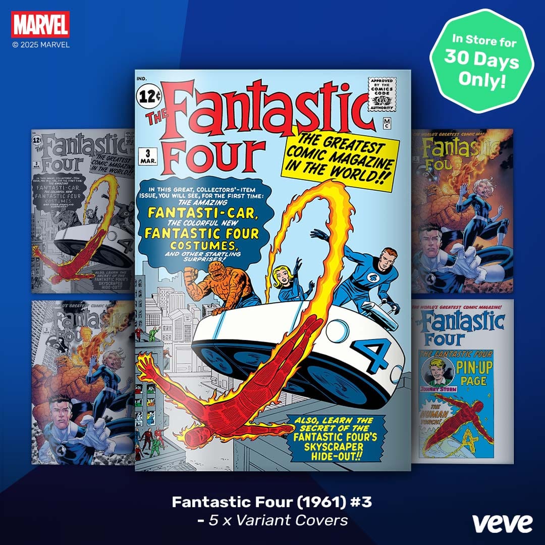 Fantastic Four #3 licensed digital comic cover art on VeVe, the team in their new blue uniforms