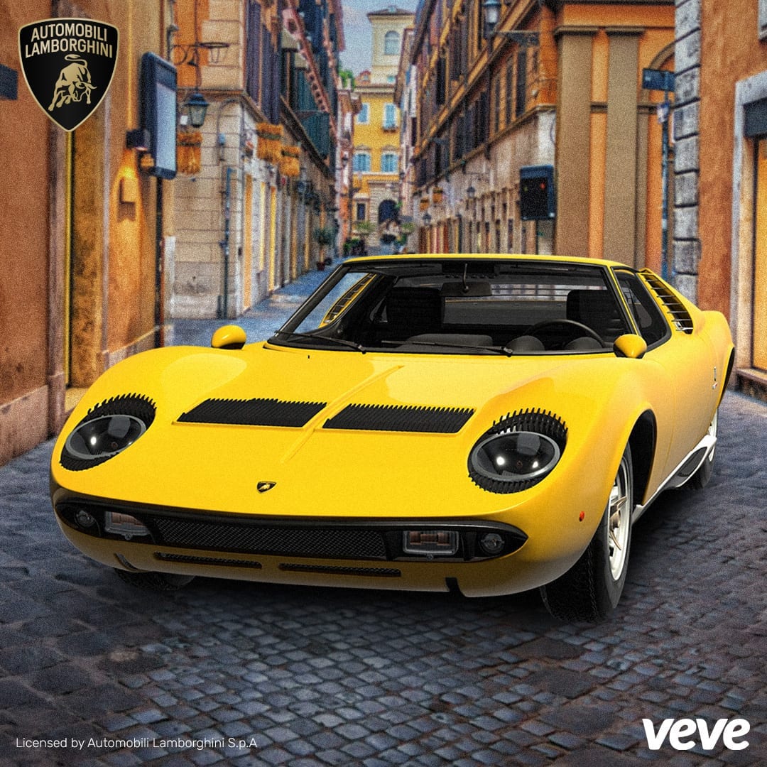The Lamborghini Miura digital collectible on VeVe, a yellow Miura with its eyelash headlight trim on a cobbled Italian street