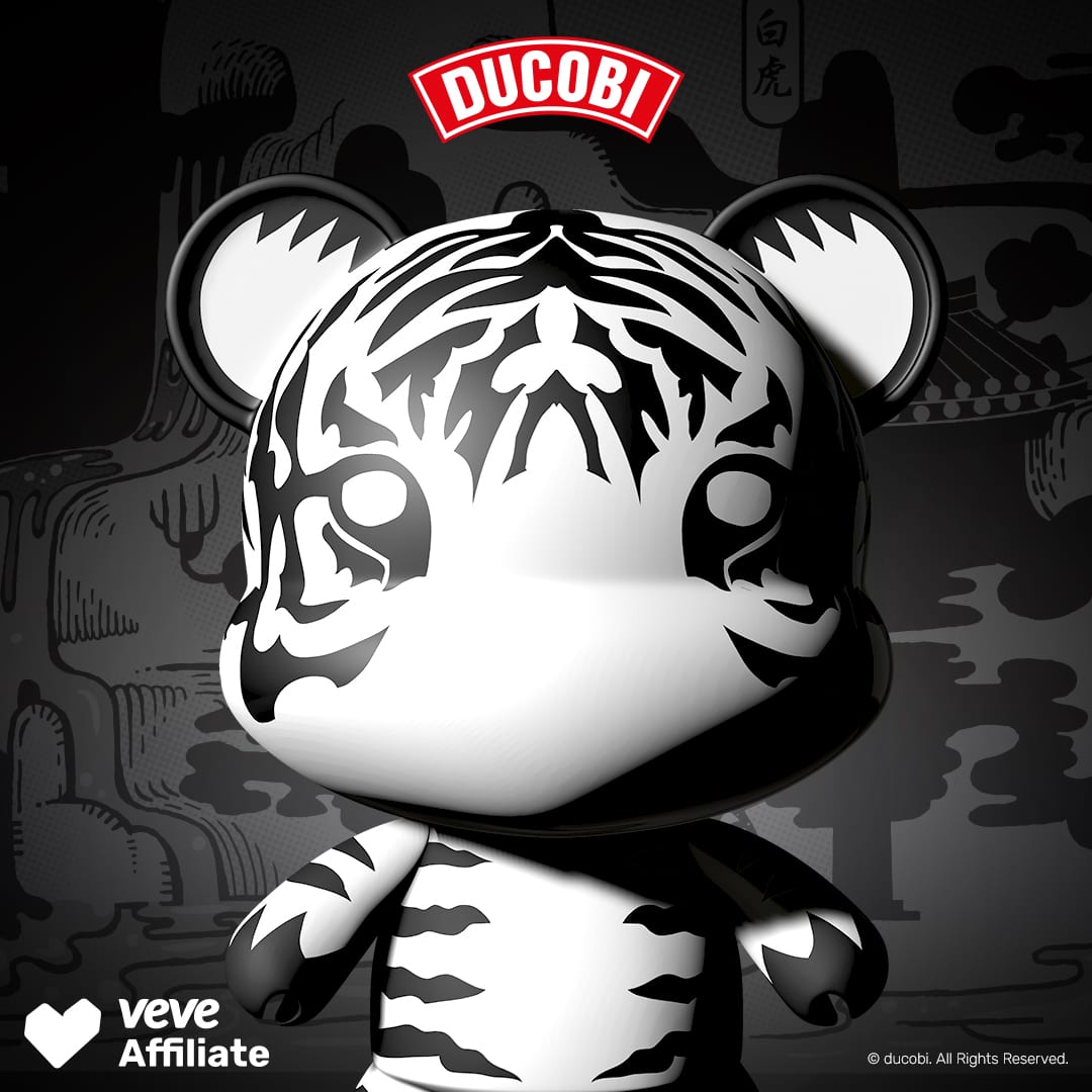 The Ducobi Tiger digital collectible on VeVe, a monochrome vinyl-toy figure with black and white tiger markings
