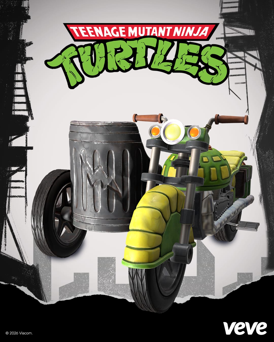 Turtle Cycle digital collectible on VeVe, the TMNT motorcycle in three-quarter view