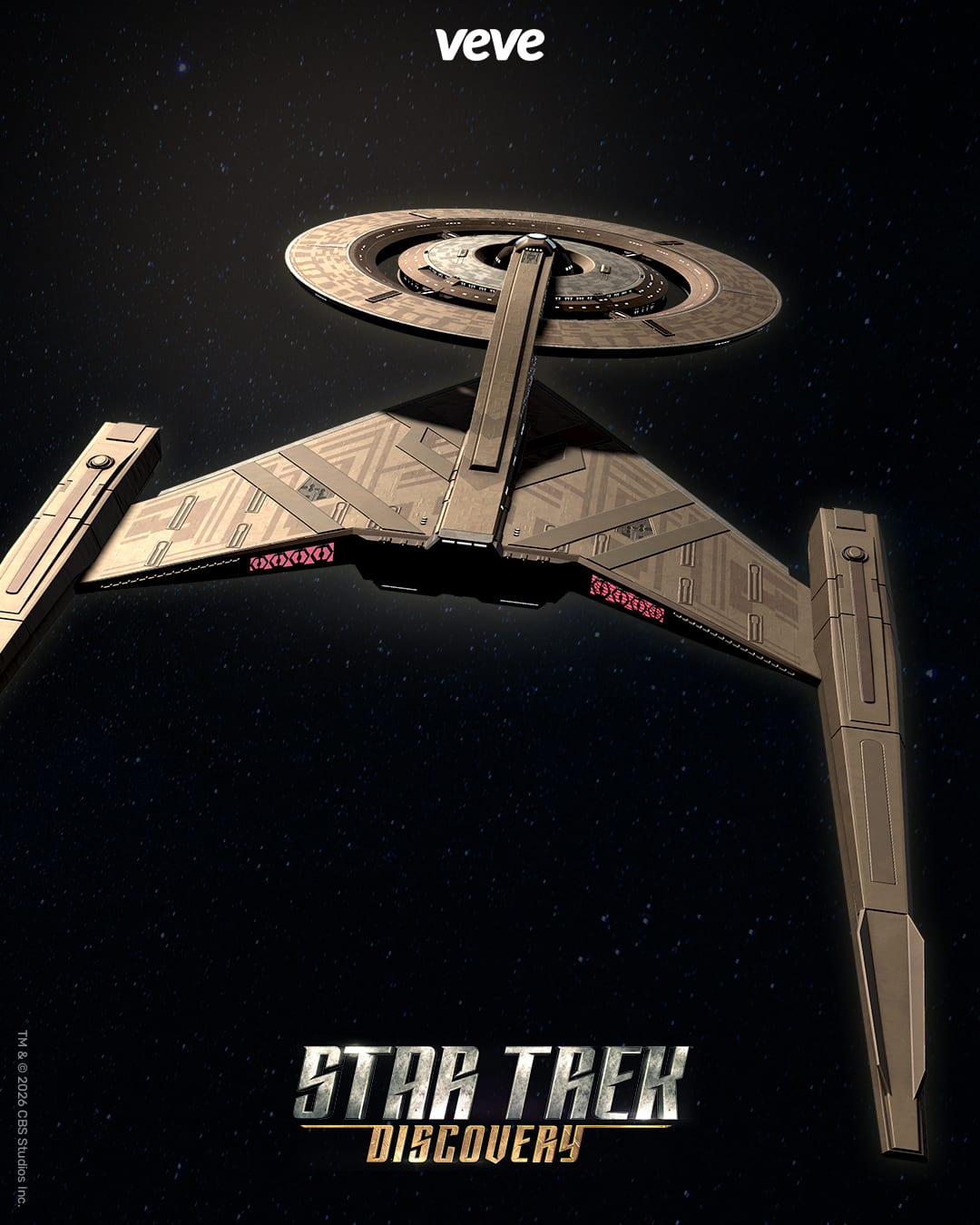 A Star Trek Discovery starship rendered as a VeVe digital collectible, hull lit against a starfield