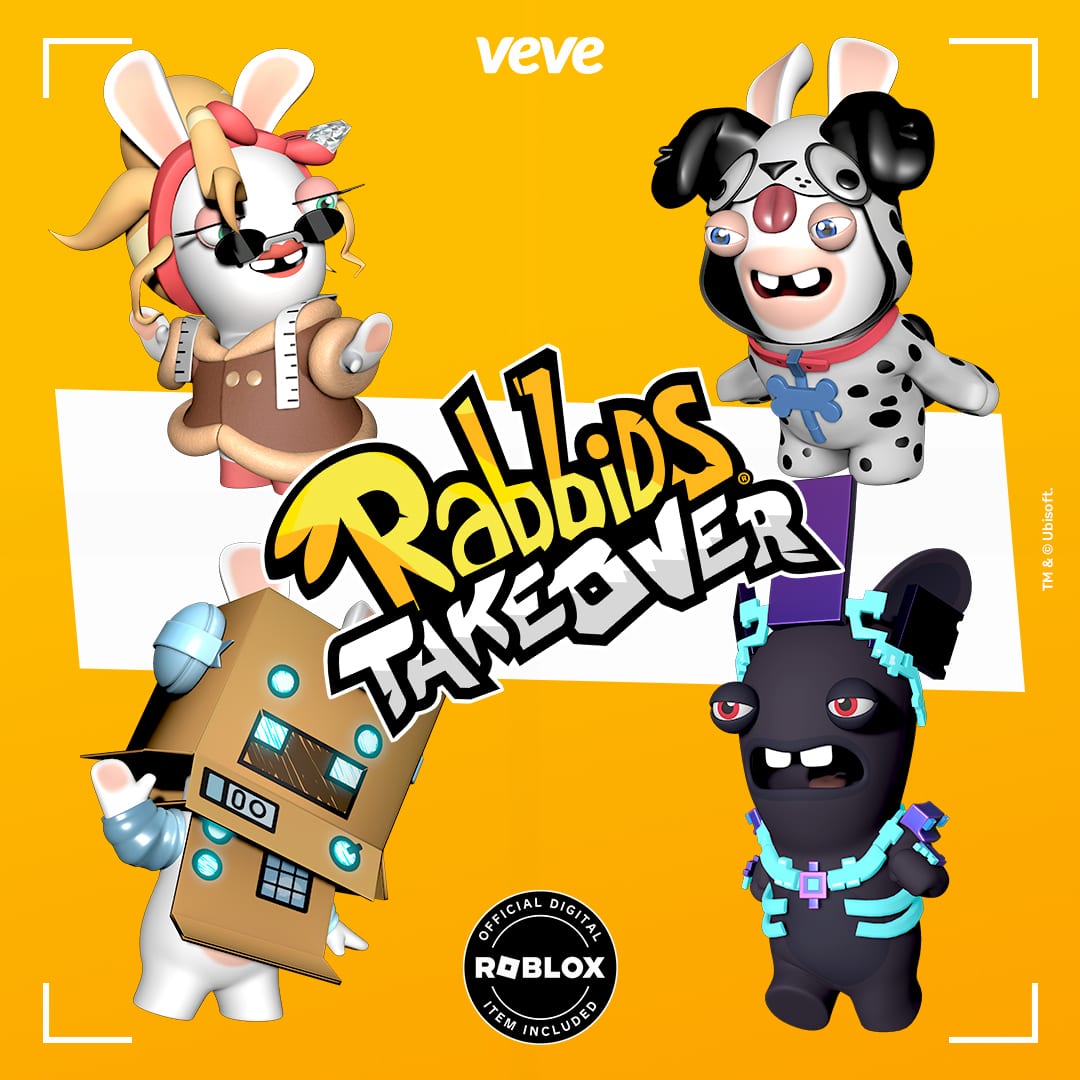 The Roblox Rabbids Takeover release on VeVe, four costumed Rabbids around the Rabbids Takeover logo on a yellow background